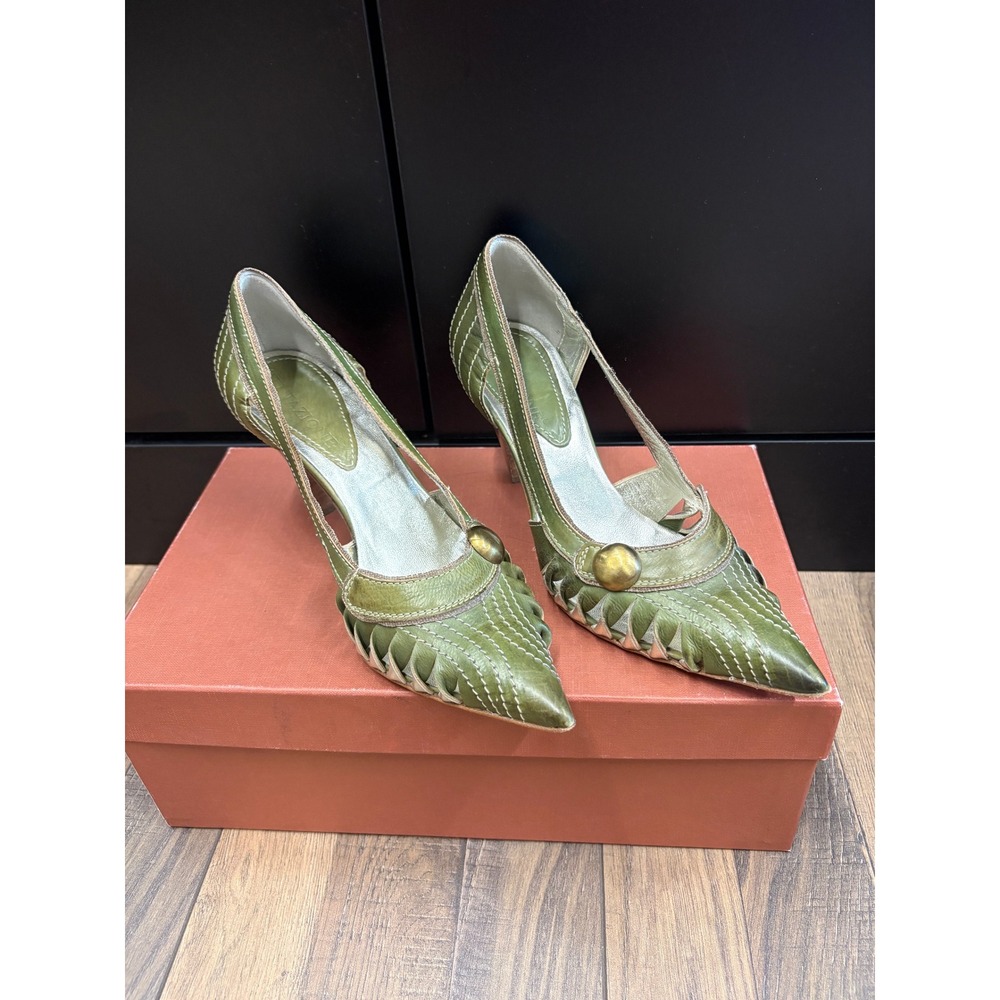 Tentazione Green Leather Woven Pointed Toe Pumps Made in Italy Vintage Size 6.5